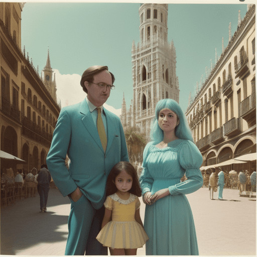 AI generated: a girl, a lady, and a man in front of la Giralda de Sevilla, in the style of light turquoise and lig...
