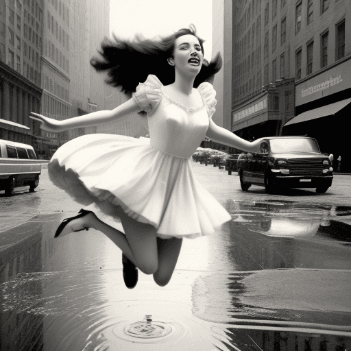 AI generated: vintage photo of a model jumping over a puddle in NY, long flowing dress--q 2 --v 5.2 --ar 3:4
