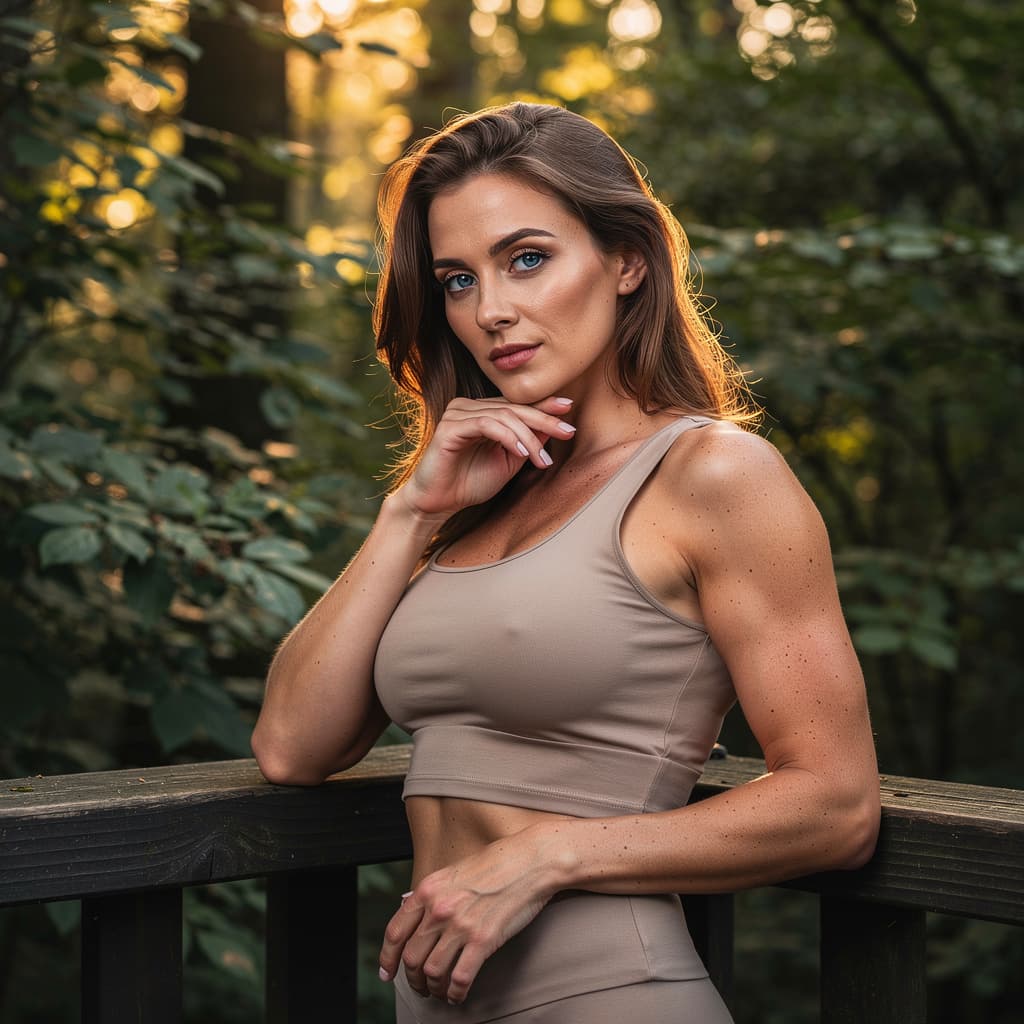 AI generated: A fit, topless adult woman with bronze hair and blue eyes is posing against a dark wooden railing in...