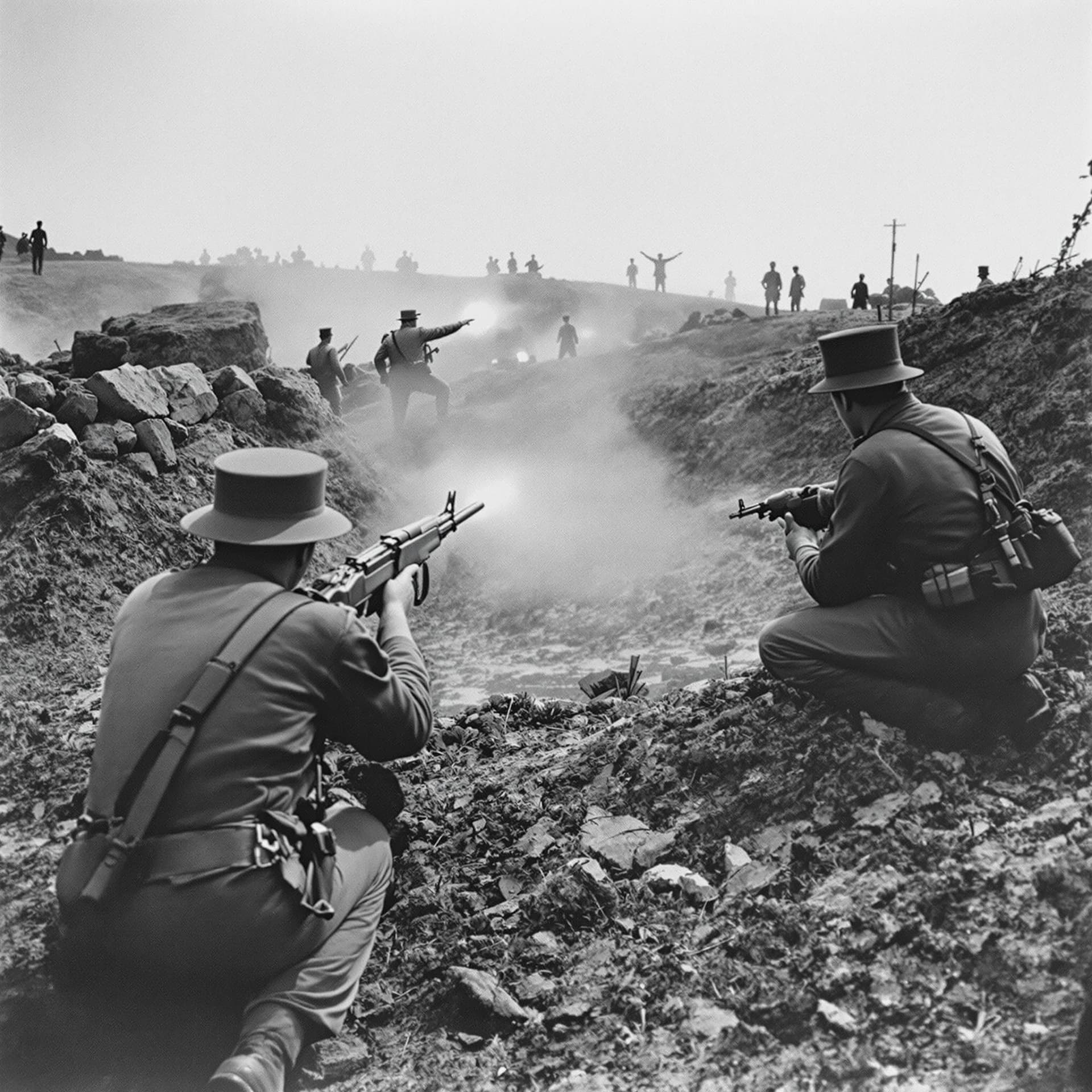 AI generated: A solider pointing his gun at enemy in Warfield in 1919, from down angle 