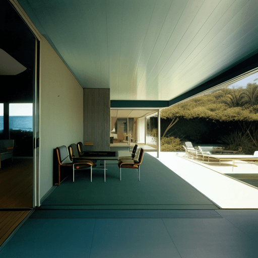 AI generated: Hyper realistic eye level exterior photo of a mid century modern style house overlooking the ocean, ...
