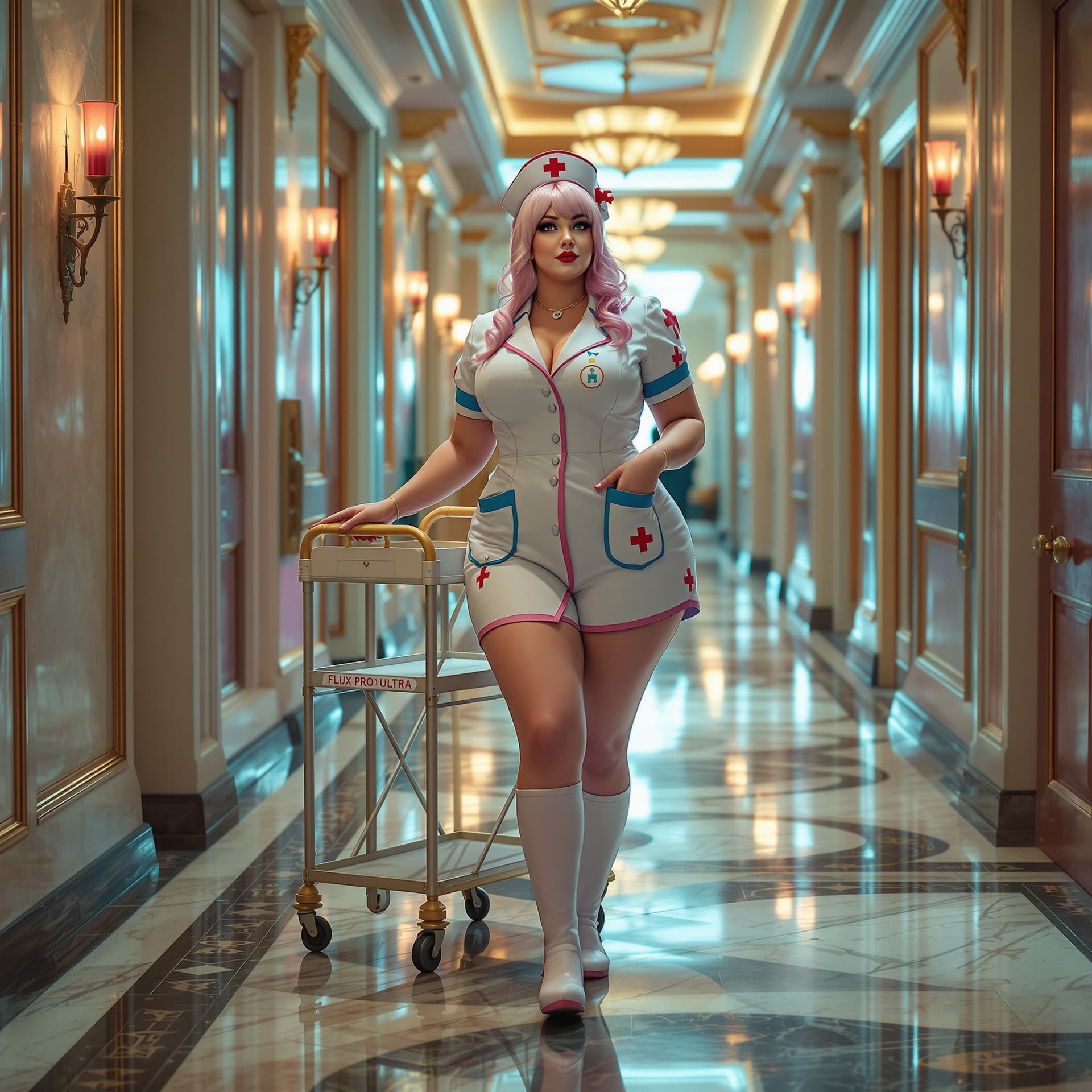 AI generated: Flux Pro Ultra prompt:  
"A playful full-figured nurse character in stylized fantasy cosplay unifor...