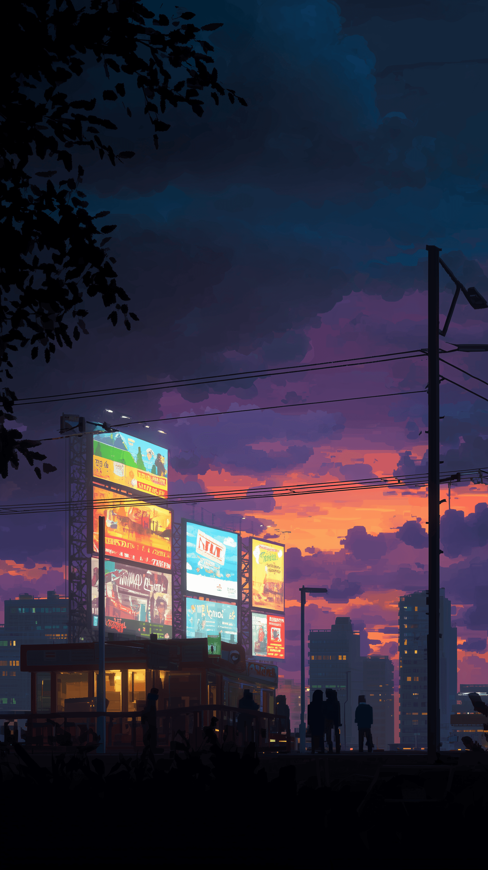 AI generated: neo-retro game scene, pixel diner at dramatic dusk, rainbow billboards, visited by silhouette player...