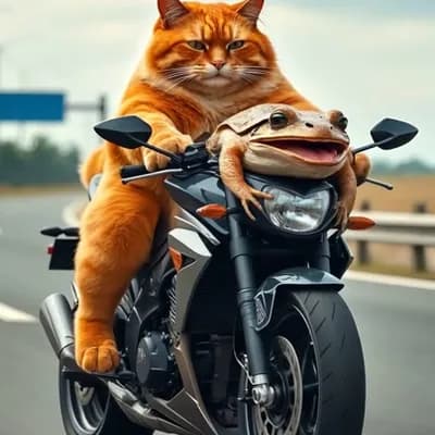 AI generated video: Cat carrying the unconscious frog on his superbike in High speed, subtle Camera 