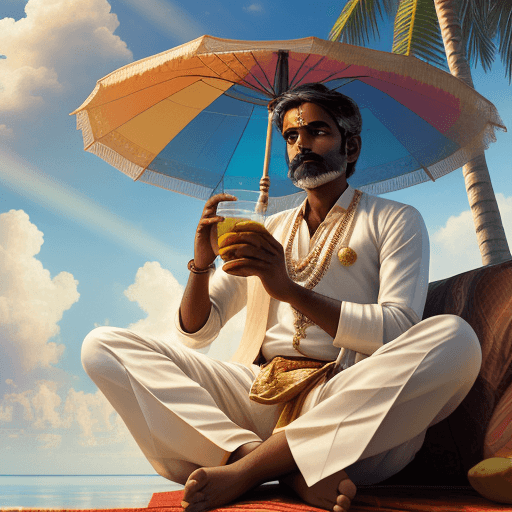 AI generated: 
a sky adorned with sunlit clouds, a Tamilian gentleman relaxes atop a magical flying carpet. Dresse...