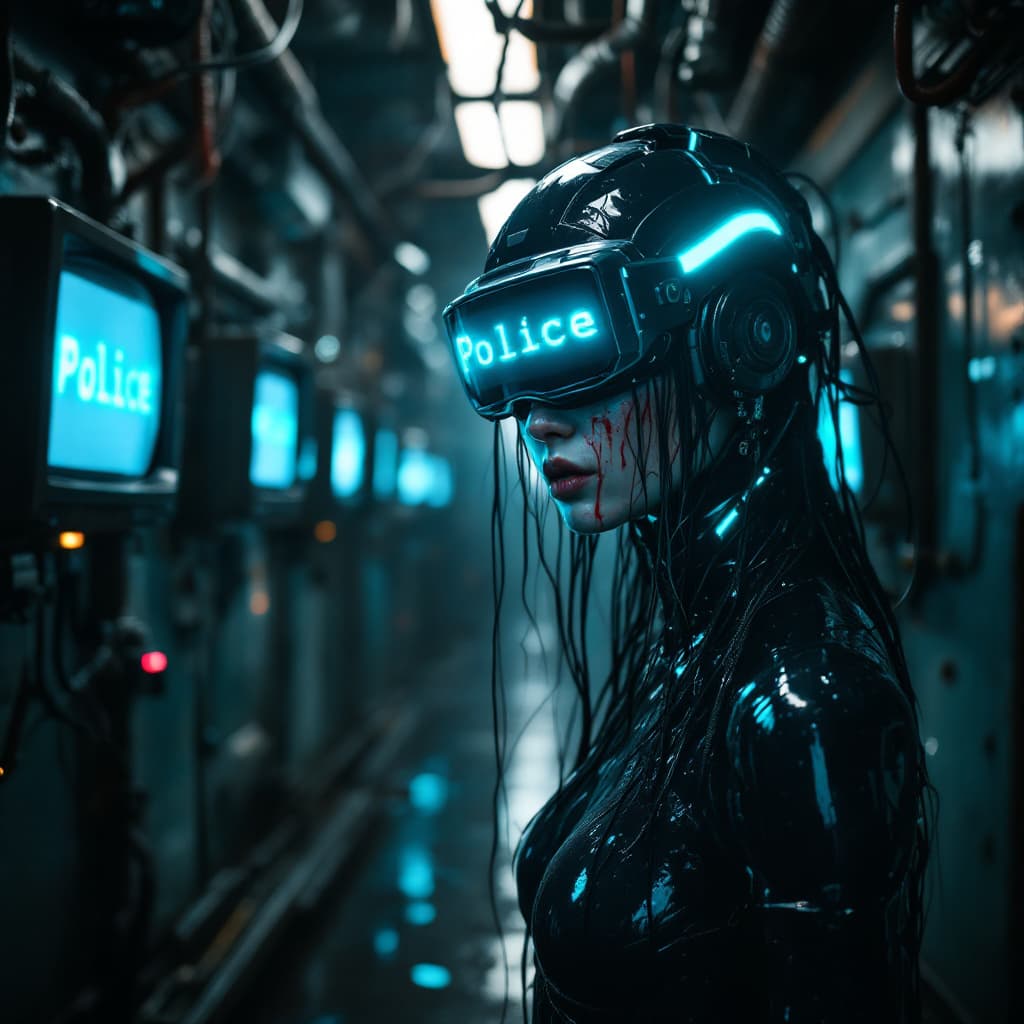 AI generated: 3 quarter angle of a  futuristic cyberpunk humanoid with a sleek black latex bodysuit, wearing a hig...