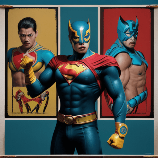 AI generated: an image of a man dressed like a superhero with his fists and arm, in the style of chicano art, dark...