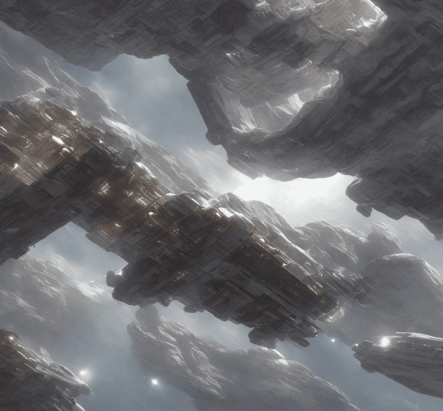 AI generated: a Nostromo like spaceship is cruising in space toward a desert icy planet.. Futuristic city airport,...