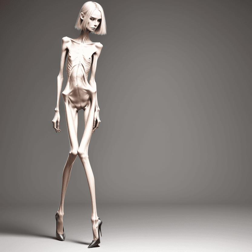 AI generated: naked very skinny anorexic legs in high heels, high heels, the tips of the shoes are very long towar...