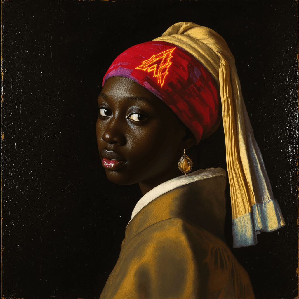 AI generated: The image shows the painting by Johannes Vermeer. The young man is African American, with dark skin ...