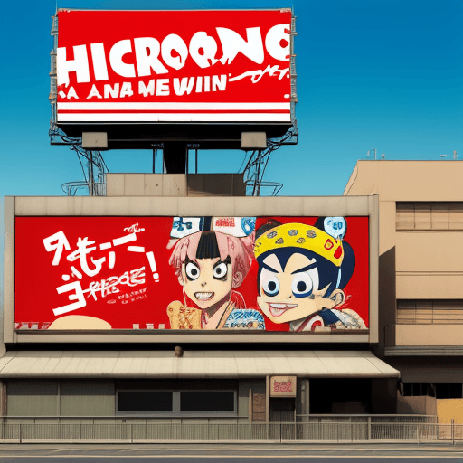 AI generated: fast food ad, billboard sign, 90s, anime, japanese pop, japanese words, in the style of Jamie Hewlet...