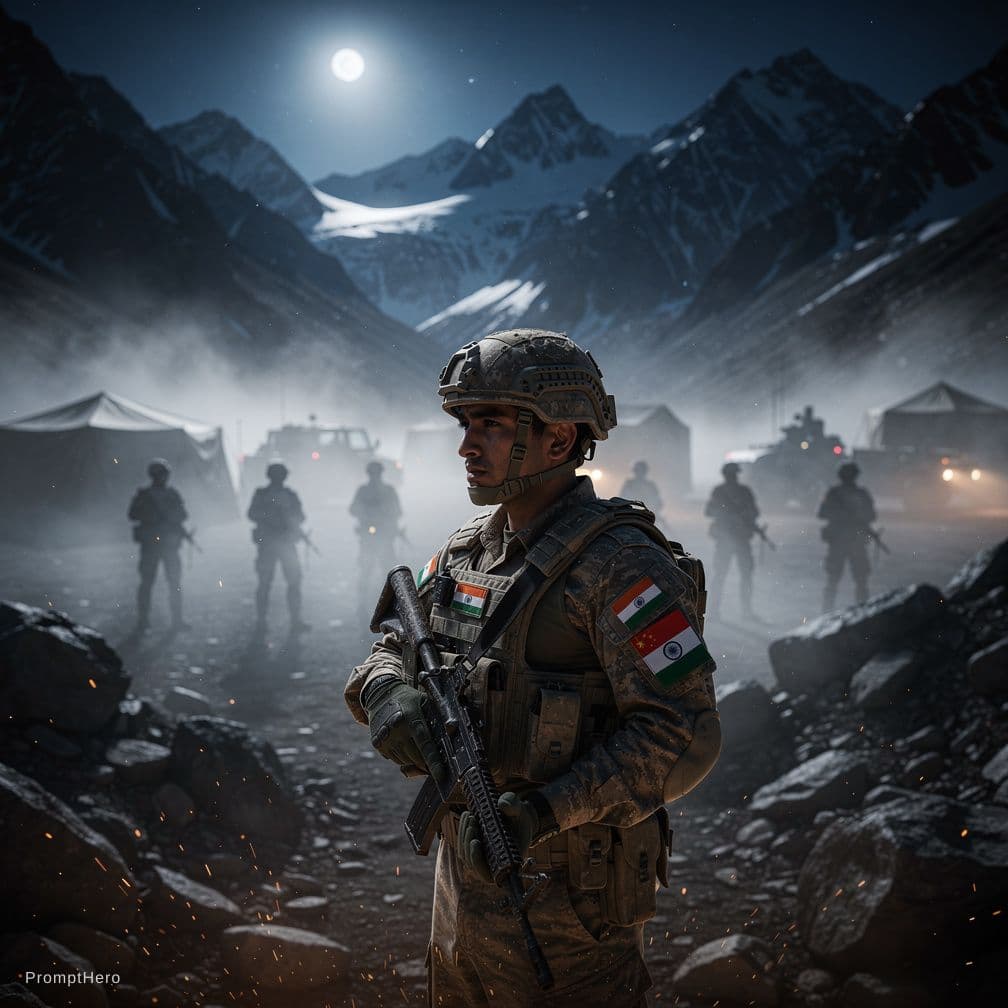 AI generated: Hyper realistic 4K image of Indian army soldier standing strong in Galwan Valley mountains at night,...