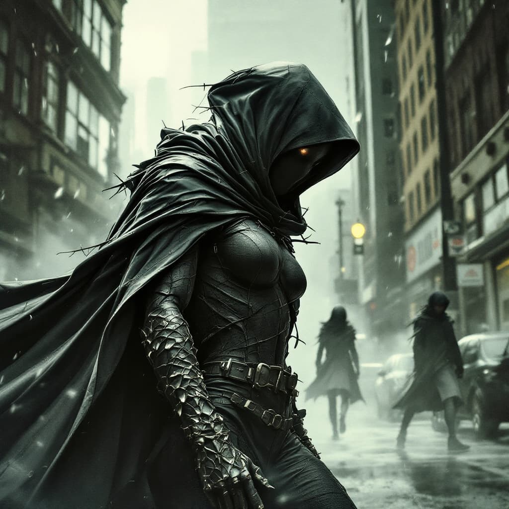 AI generated: A cunning morphing vigilante, with her clothing seeming to blend in with any environment and her ver...
