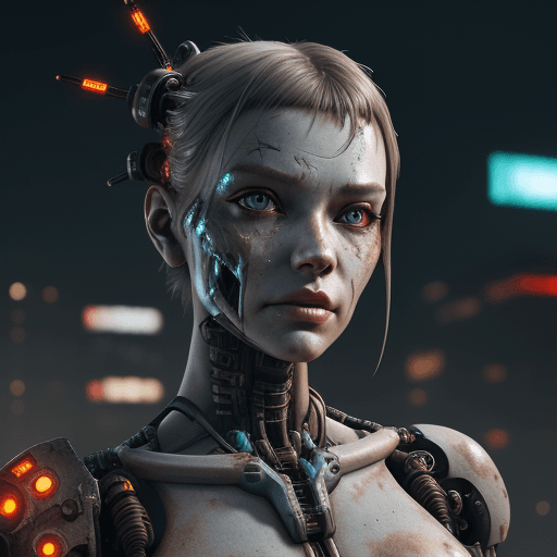 AI generated: A beautiful cyborg lady with dirty and damaged synthetic skin, rusty metal arms, cyberpunk, hyperrea...