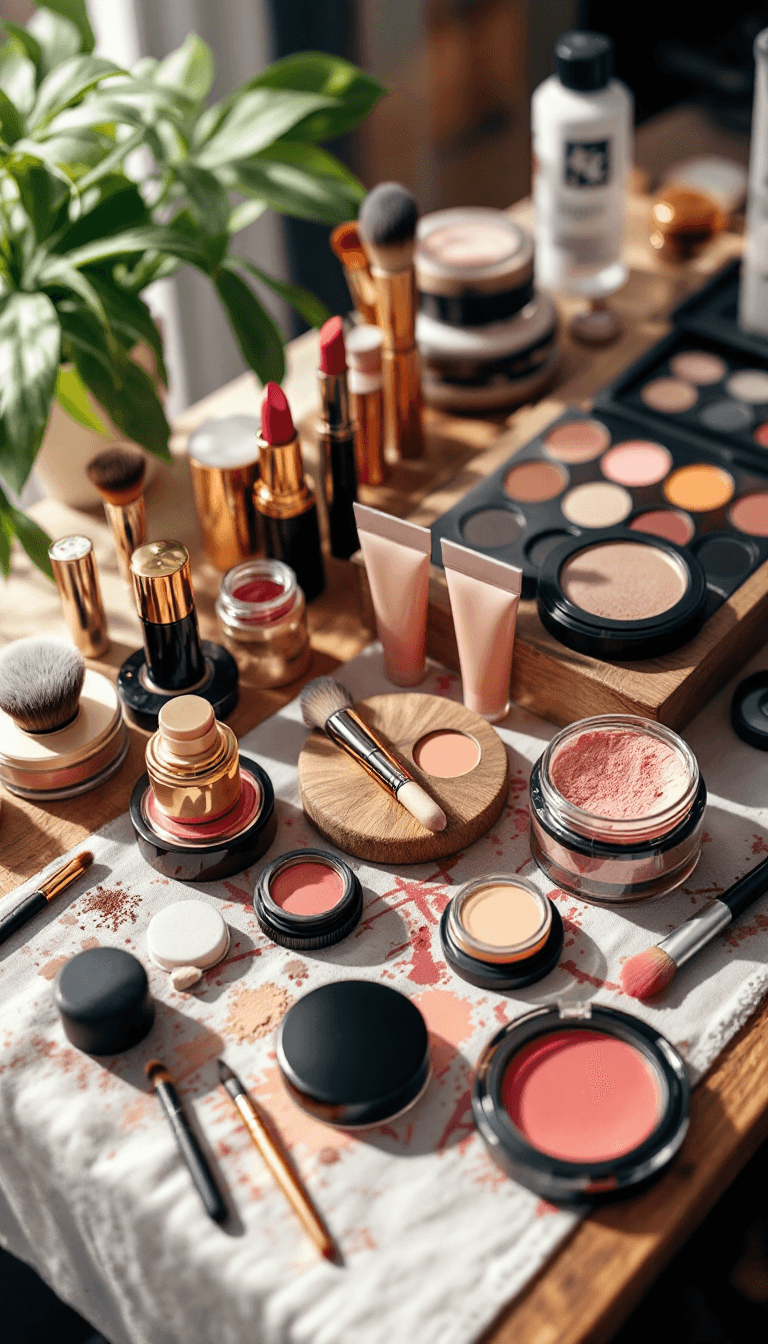 AI generated: a table with makeup products like brushes, eyeshadow, lipstick, and more --ar 2:3 --v 6.0
