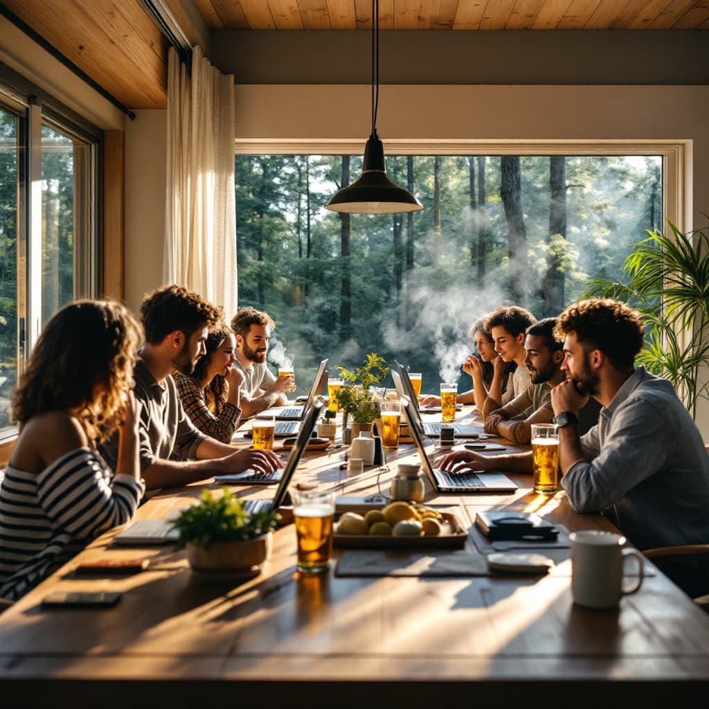 AI generated: Hyperrealistic photo of a group of friends all in a big table with a lot of computers and IT things,...