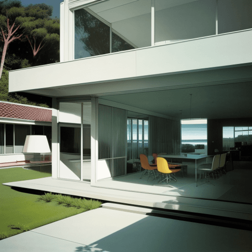 AI generated: Hyper realistic eye level exterior photo of a mid century modern style house overlooking the ocean, ...