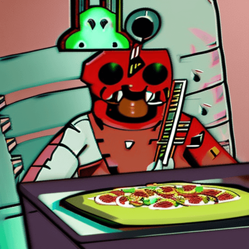 AI generated: Robot, Roxanne Wolf, <lora:fnafsb_roxannewolf-11:1>, animatronic, 
Animatronic, green hair, Pizza re...