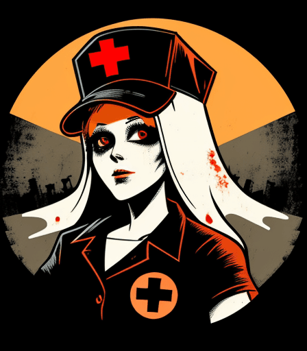 AI generated: Vector t-shirt design Vintage retro sunset distressed black style design, with a ghost wearing nurse...