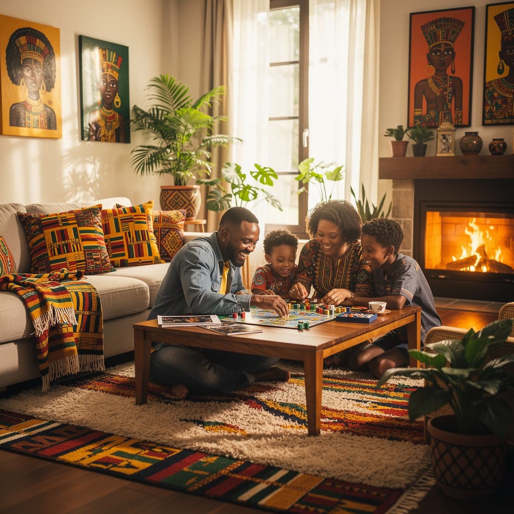 AI generated: A warm, inviting living room filled with natural light, decorated in vibrant Afrocentric patterns an...