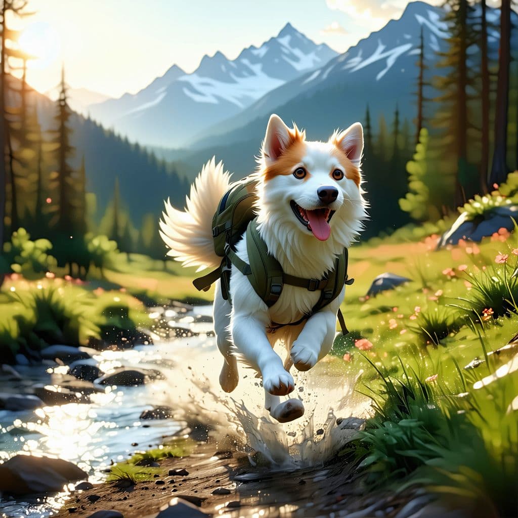 AI generated: hyper realistic, anime, anthropomorphic male dog, running, speed, fast, backpack, travel, trip, rush...