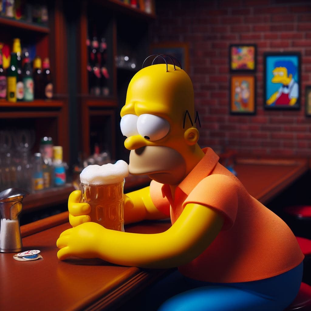 AI generated: homer simpson as a real person.he is sitting in moe's tavern drinking a beer
