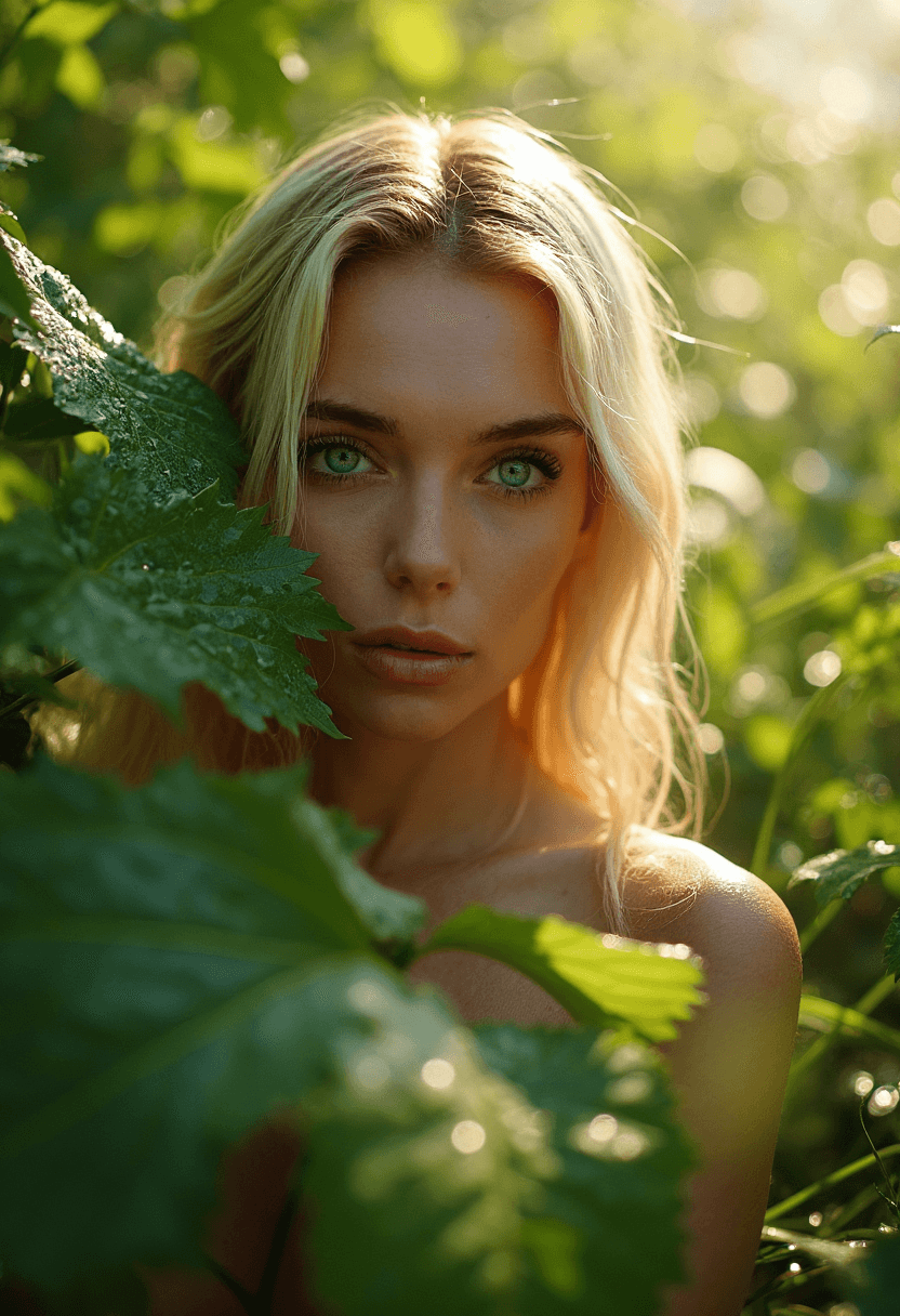 AI generated: Create a professional photograph of a close-up view of lush green plants with dewdrops glistening on...