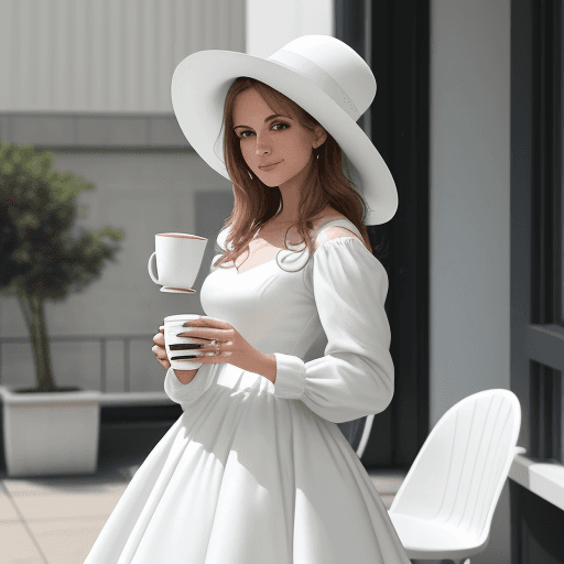 AI generated: The image features a woman wearing a white hat and a white dress, standing in front of a building. S...