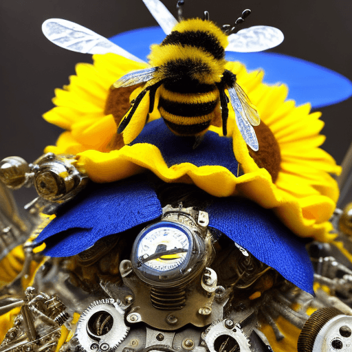 AI generated: An intricately detailed plush bumble bee with blue and yellow fur sits on the edge of a massive sunf...