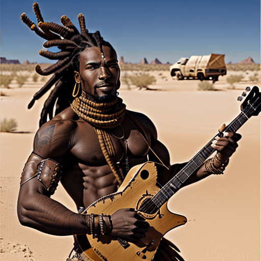 AI generated: black muscular gunslinger, in desert, brown dreadlocks, 8k, guitare on his back,  