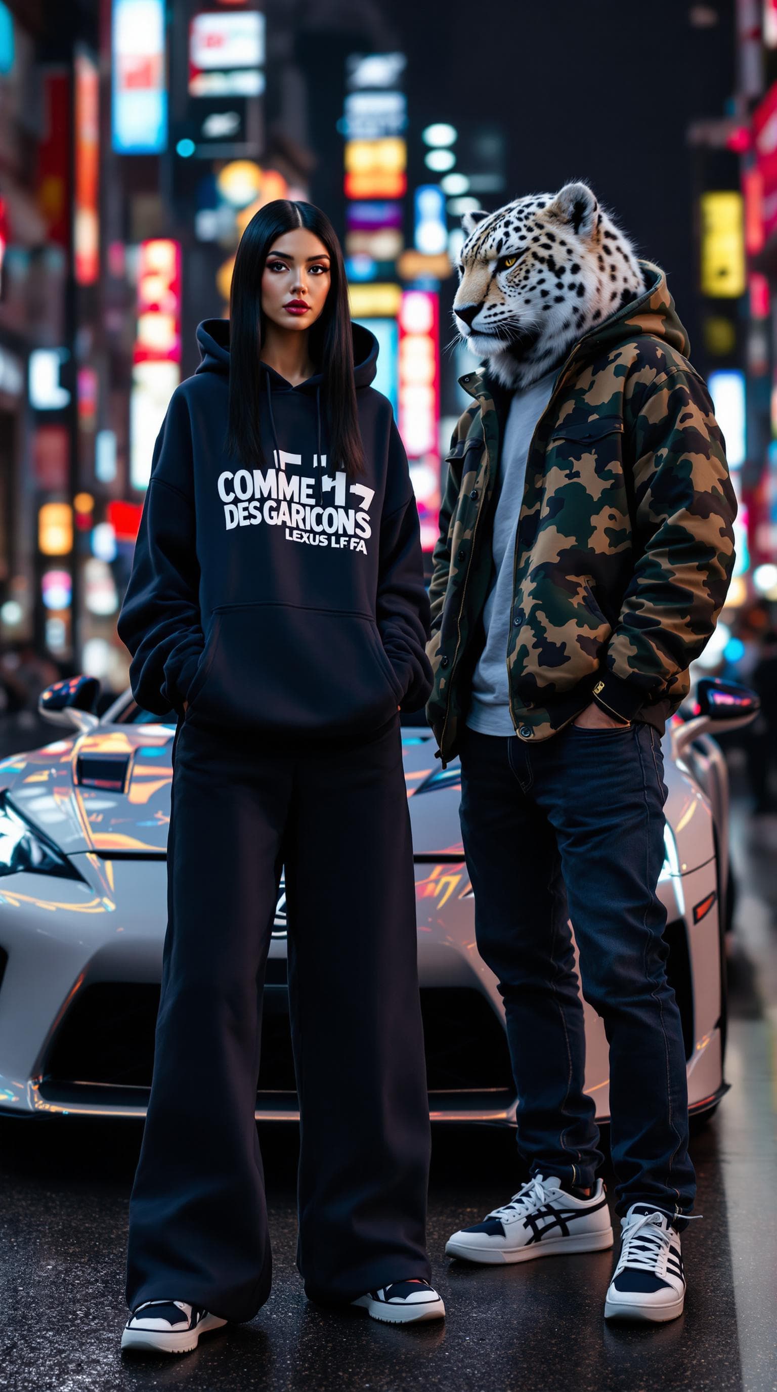 AI generated: A stunning woman with sleek black hair, wearing a Comme des Garçons oversized hoodie, tailored wide-...
