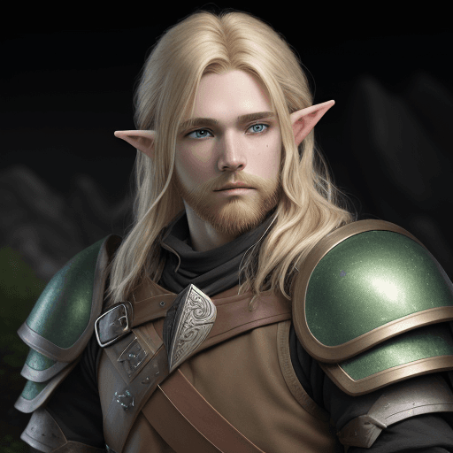 AI generated: young 17 year old Half-Elf male from D&D, shaggy long blonde hair, blonde bearded, ranger, black and...
