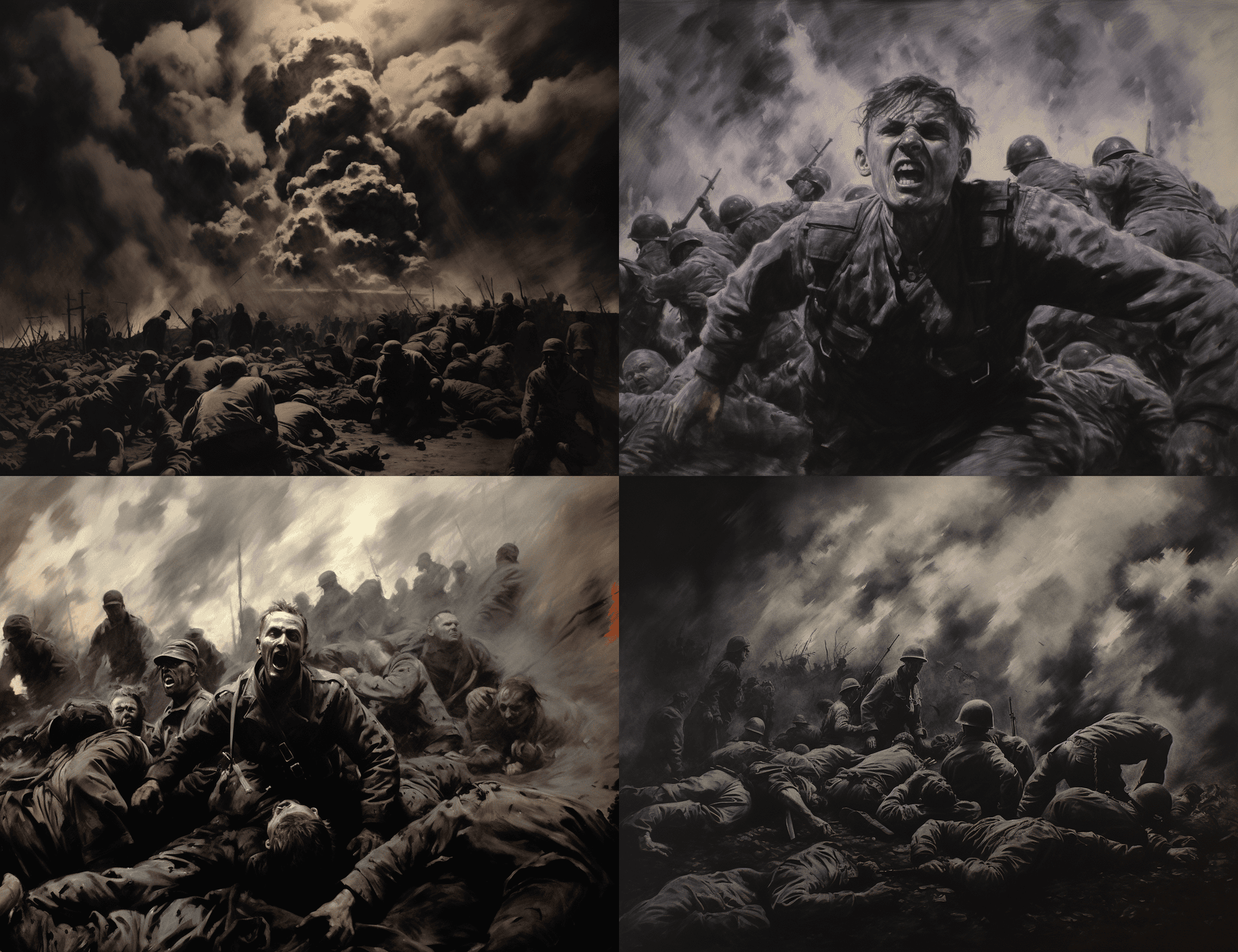 AI generated: black and white painting of an angry mob surrounding two soldiers in the middle distance, one soldie...