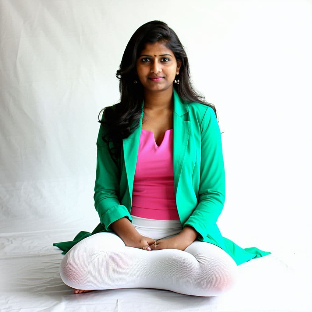 AI generated: Sinhala model sitting cross-legged, glimpse of white panties seen, pink top, green front opened over...