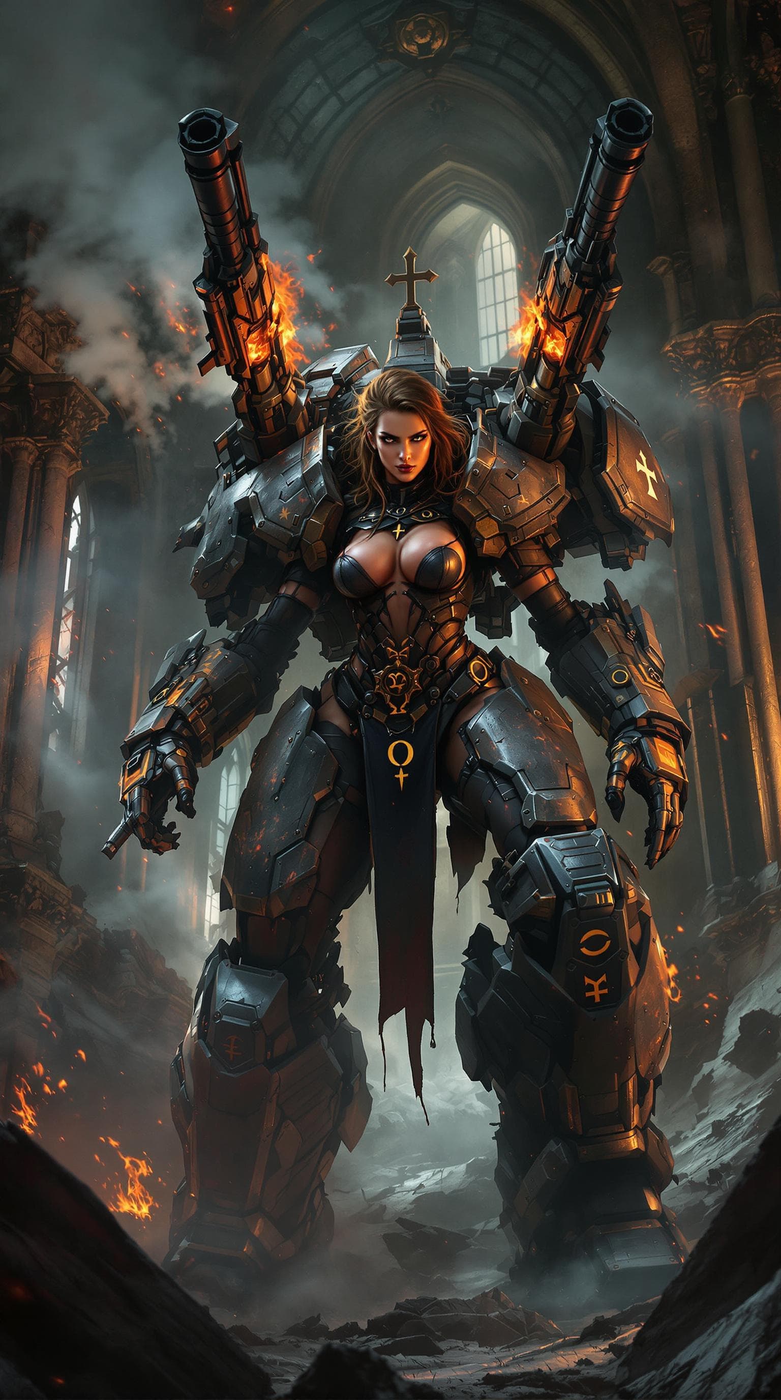 AI generated: The image features a strong female figure inside a massive war machine resembling a mechanical exosk...