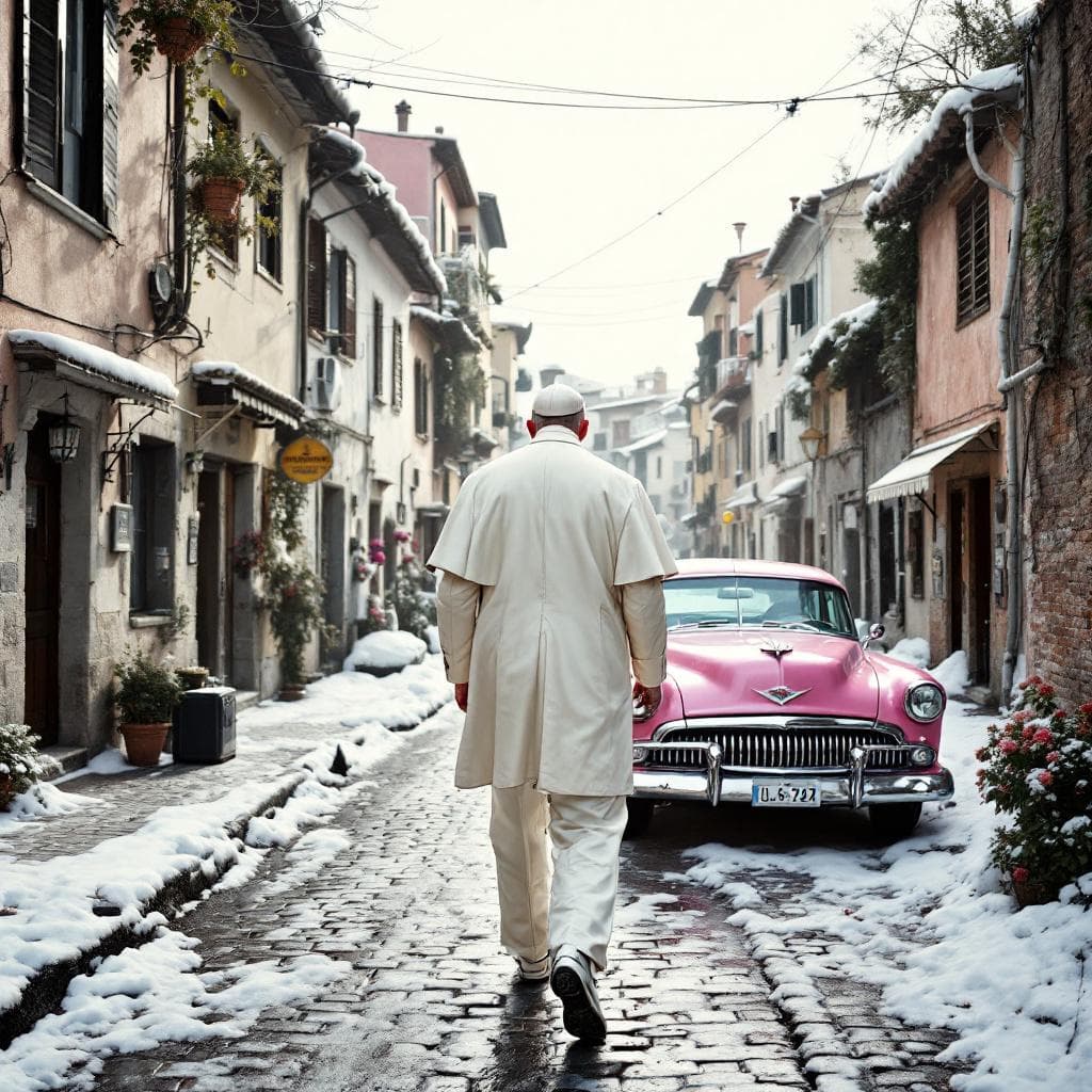 AI generated: The pope with a big white bomber winter jacket walking inside the ghetto, add to the scen a very gor...
