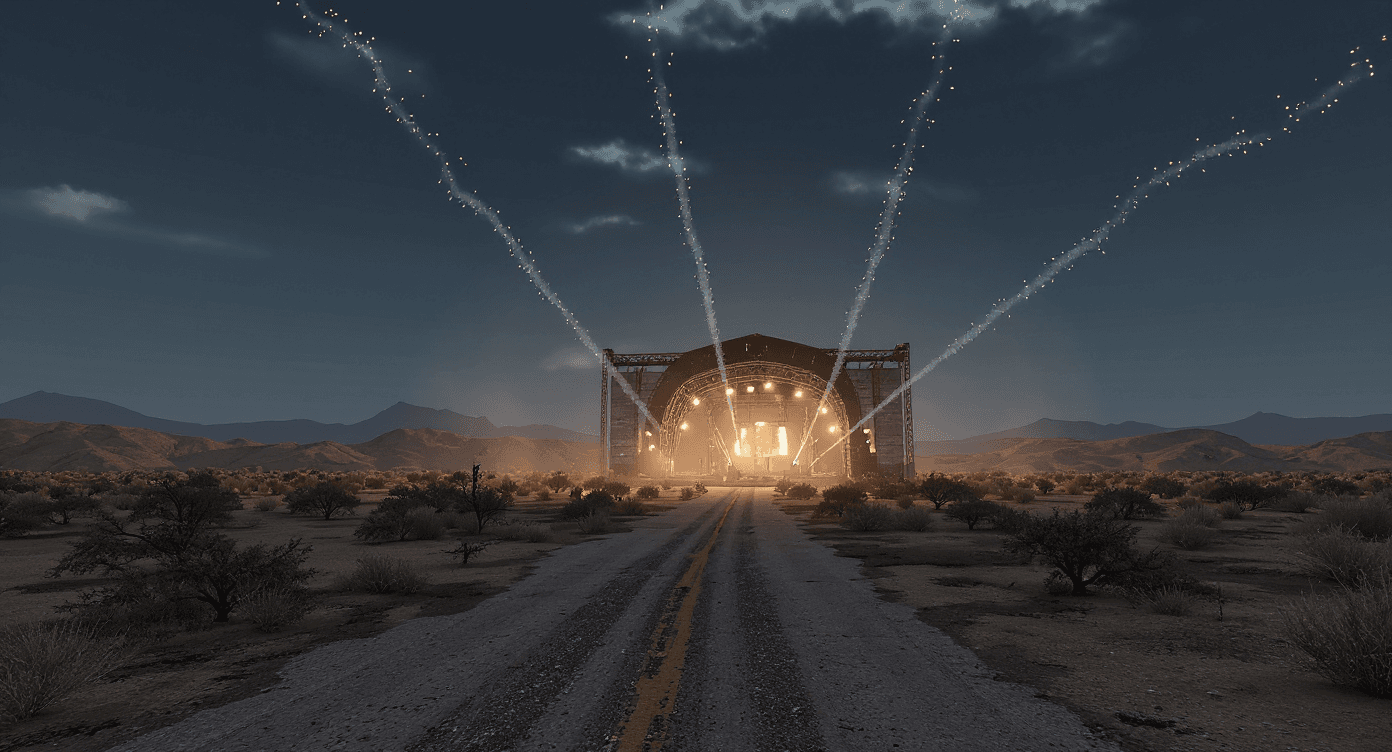 AI generated: at the end of the town edge you see a road leading up to an big concert arena in the dessert, light ...