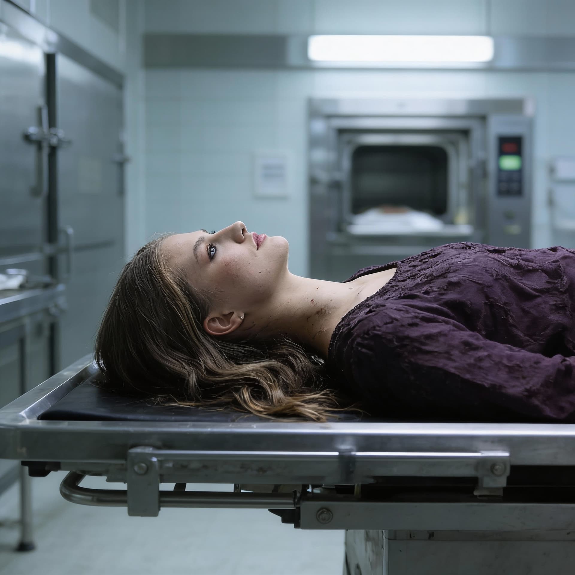 AI generated: dead girl lying on morgue table, , view from the side.