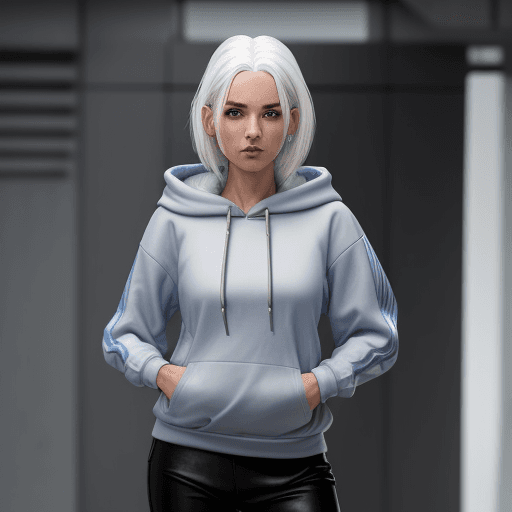 AI generated: woman with white hair and grey eyes wearing a blue hoodie with leather pants