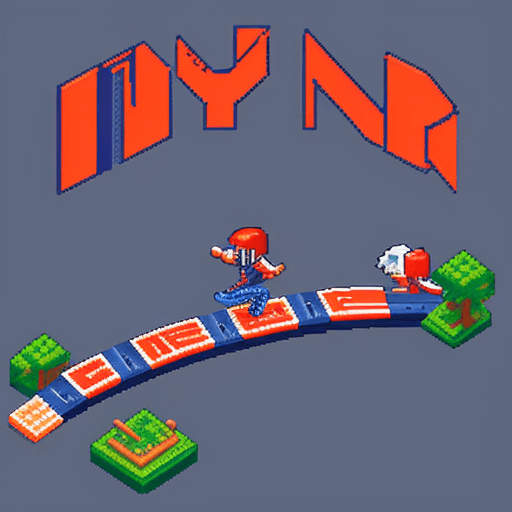 AI generated: A logo of rift from pixel, red and blue, little river, people trying to cross the track, pixel art