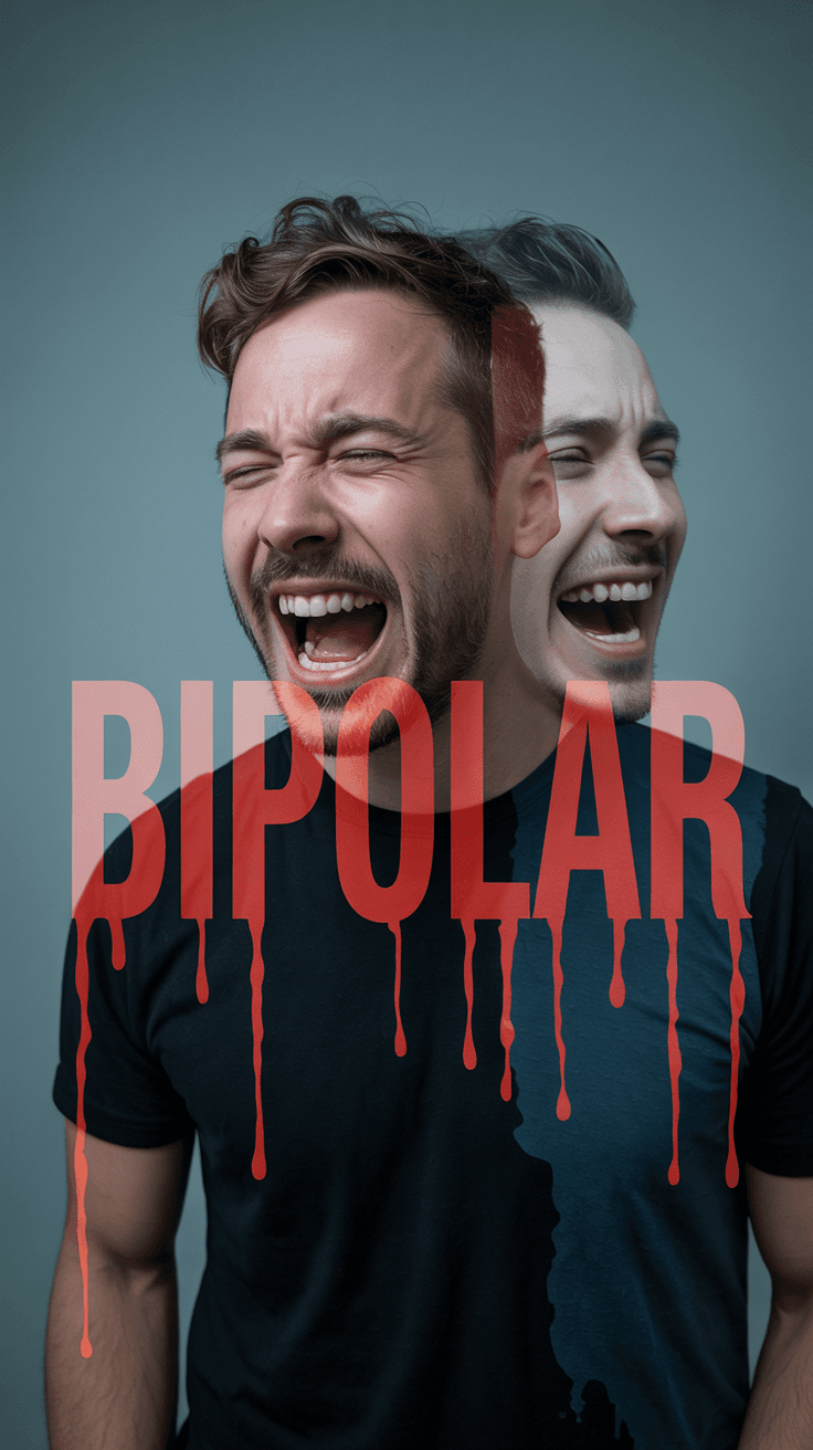 AI generated: double exposure,a man crying in hysteria,while otherside laughing in mania,typography 'BIPOLAR' writ...