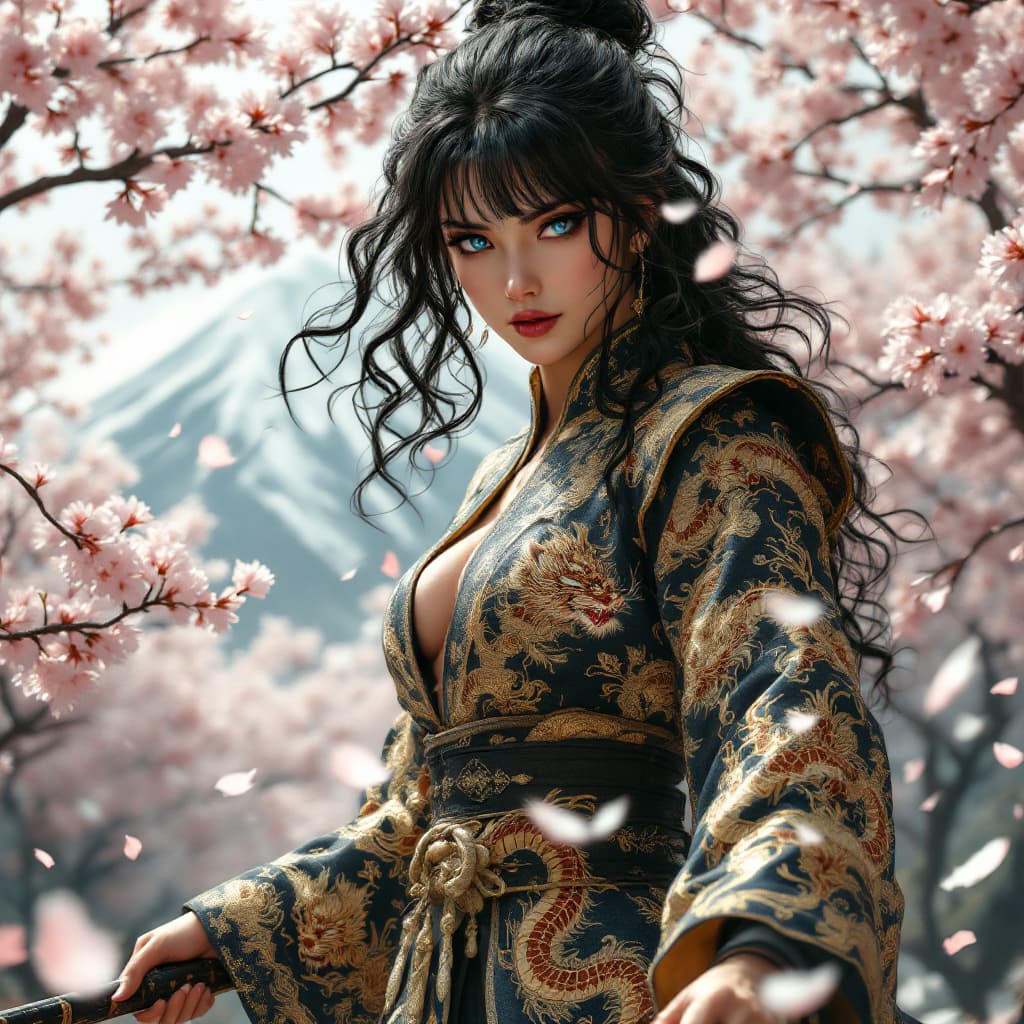 AI generated: a extremely realistic and  beautiful and physically fit Japanese kunoichi, with  curly jet black hai...