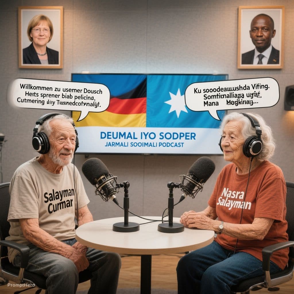AI generated: Isticmaal prompt-kan oo la hagaajiyey:

> **Create a realistic 2D podcast scene, landscape format 16...