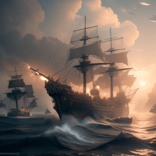 AI generated: Photo of a ultra realistic carrack attacked by privateers, year 1592, dramatic light, pale sunrise, ...