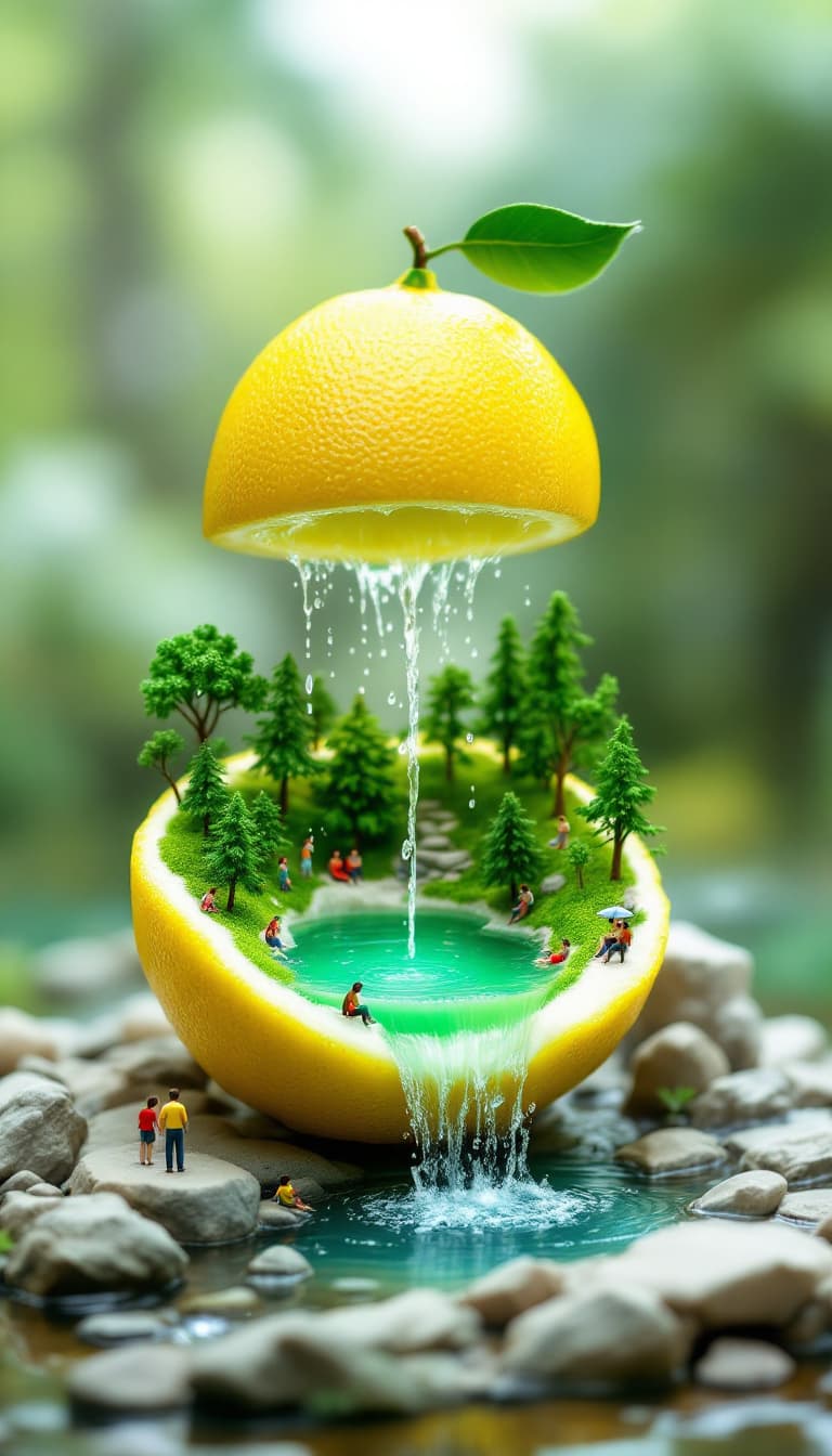 AI generated: The image is a surreal digital artwork featuring a lemon cut in half, with the top half positioned a...