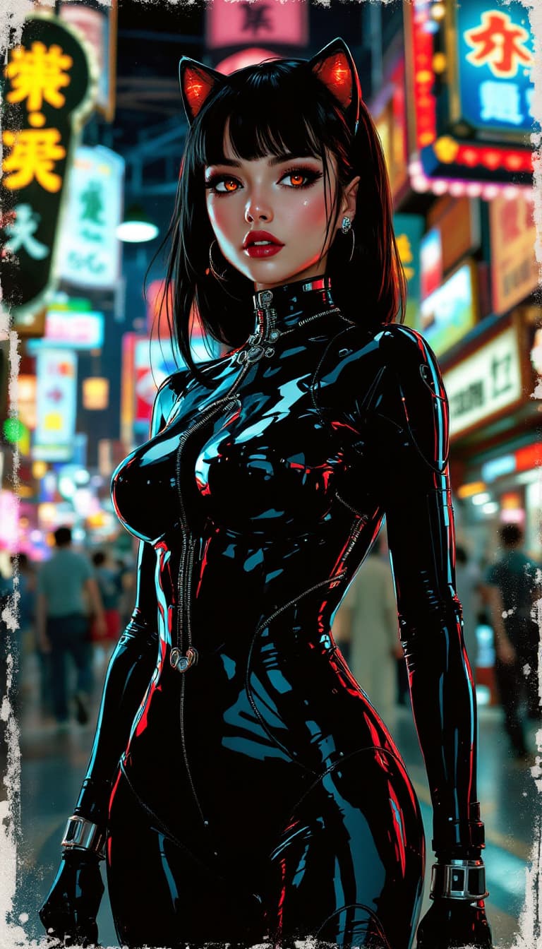 AI generated: Vintage-style retro Japanese art. Keep illustrative. Stunning woman in a sleek, cybernetic catsuit. ...