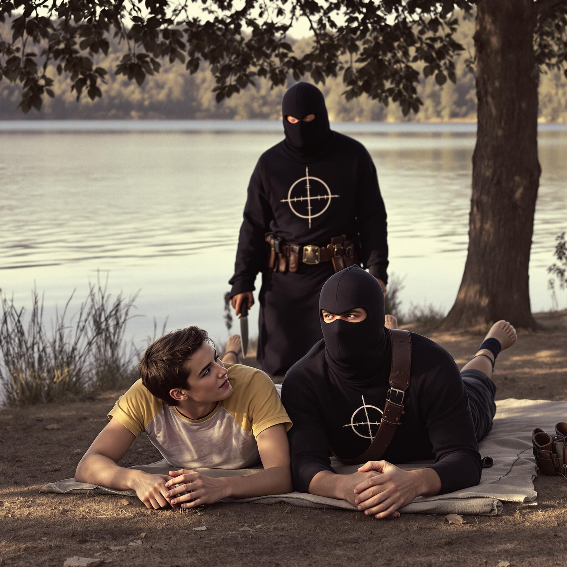 AI generated: Two 1960's college students, a boy and a girl are lying on the ground along the shoreline of a peace...