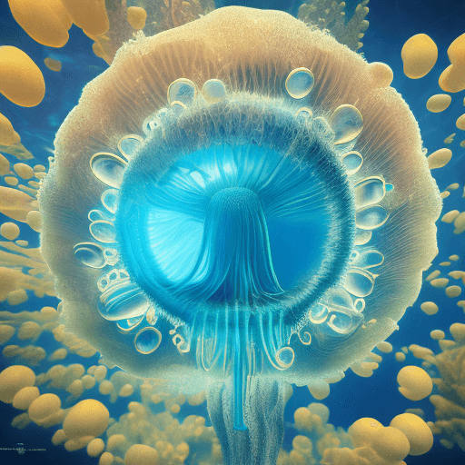 AI generated: Raw, masterpiece, perfectly centered, symmetrical, under water macro shot of a glowing jellyfish, co...