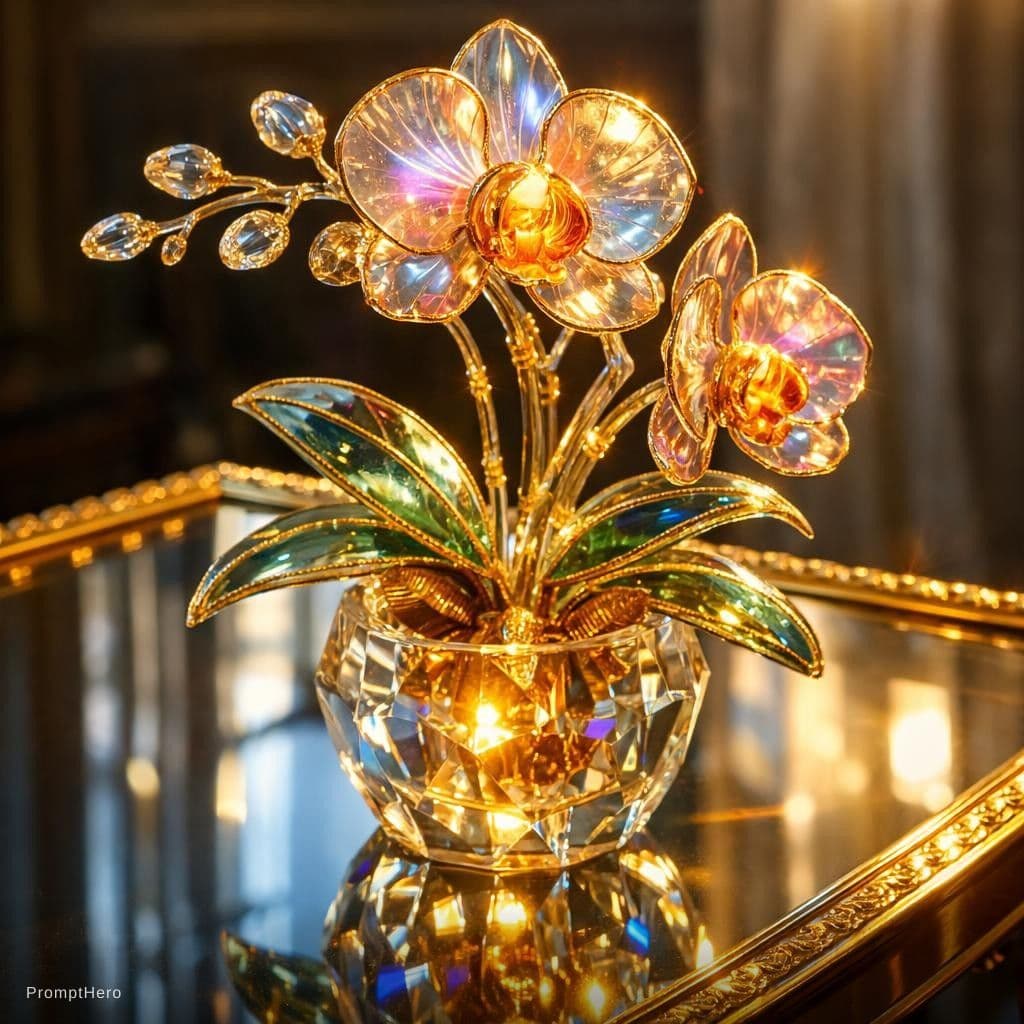 AI generated: Close-up of a surrealist of an orchid plant in hyperrealistic glass and semi-translucent crystal wit...