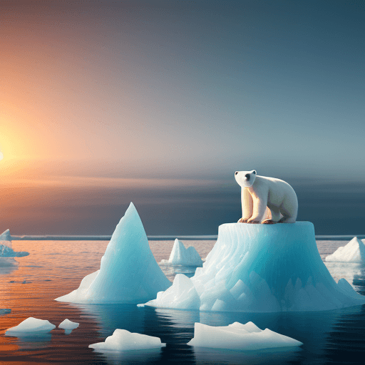 AI generated: a polar bear sitting on an iceberg fragment, in front of floating pollution, plastic waste from floa...